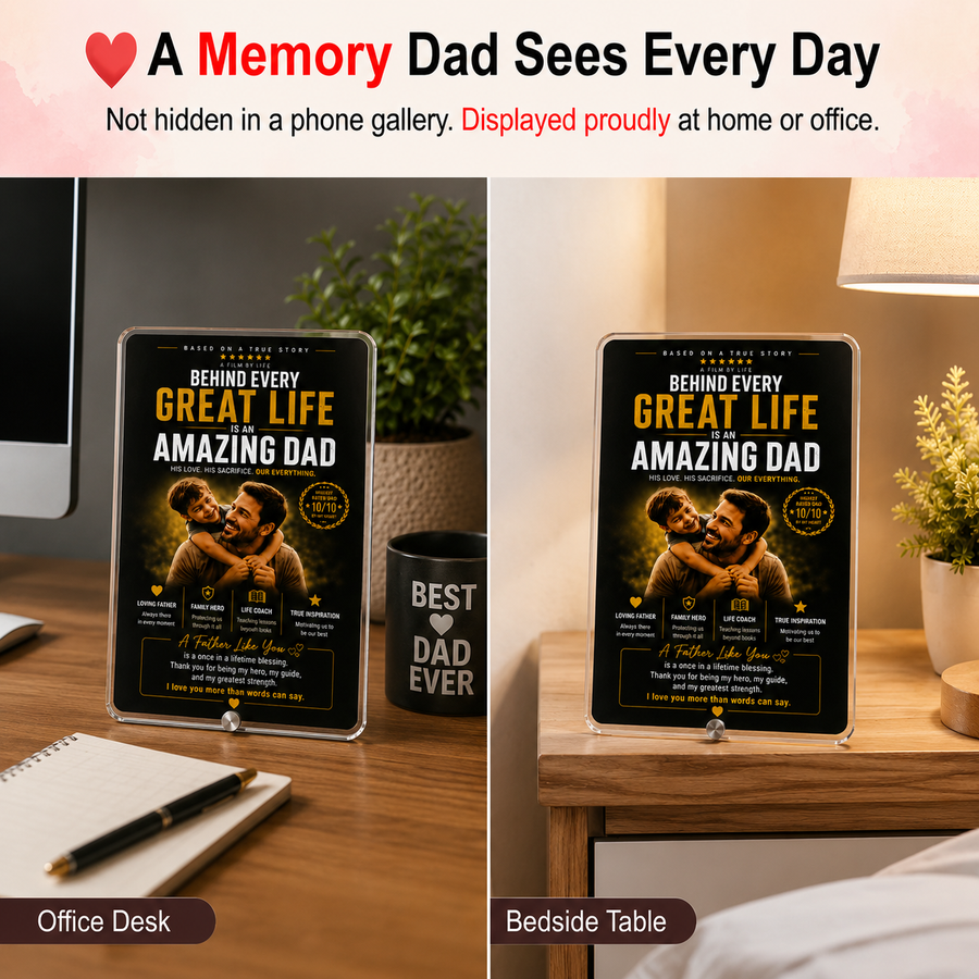 Behind Every Great Life – Personalized Dad Photo Frame- Custom Acrylic Gift for Father & Son/Daughter card 4