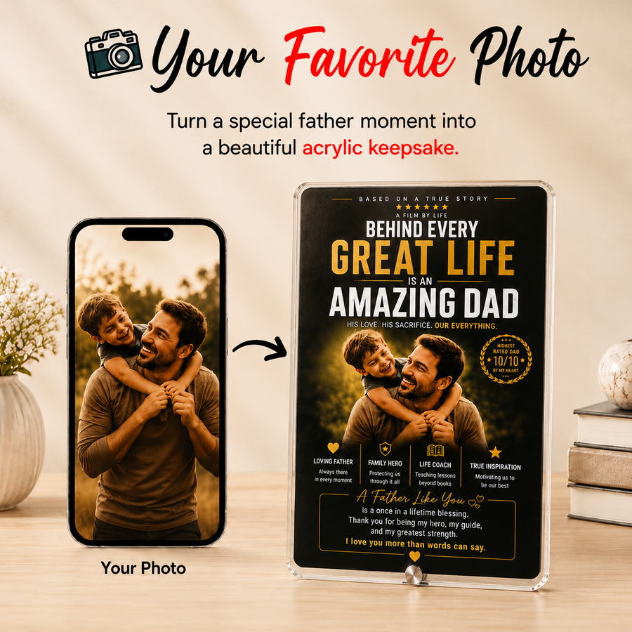 Behind Every Great Life – Personalized Dad Photo Frame- Custom Acrylic Gift for Father & Son/Daughter card 1