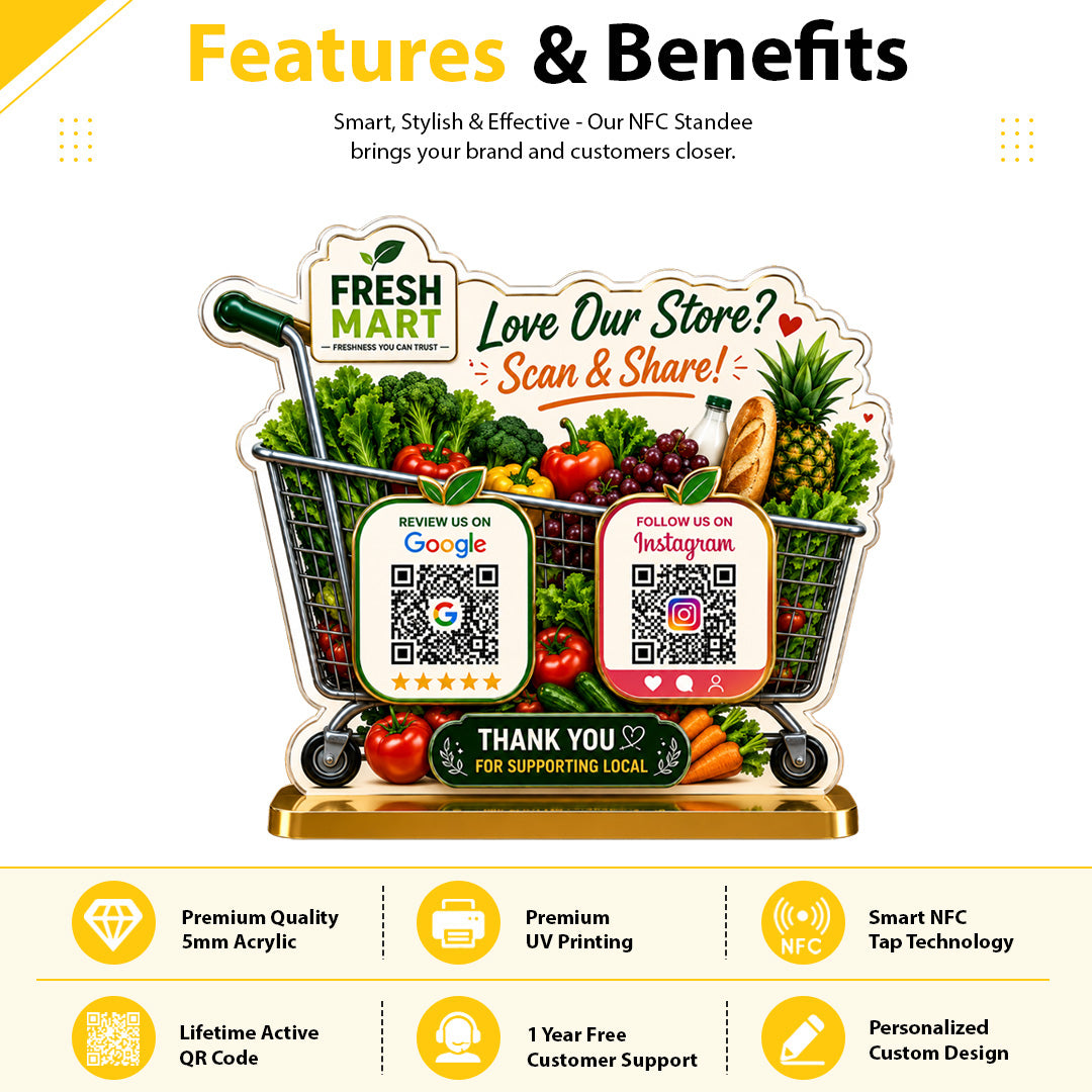 Grocery & Fruit Cart Basket Shaped - Smart NFC 2 QR Table Top Standee
