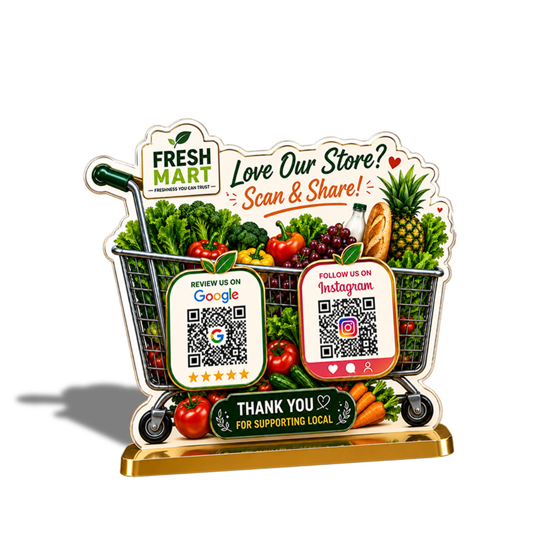 Grocery & Fruit Cart Basket Shaped - Smart NFC 2 QR Table Top Standee