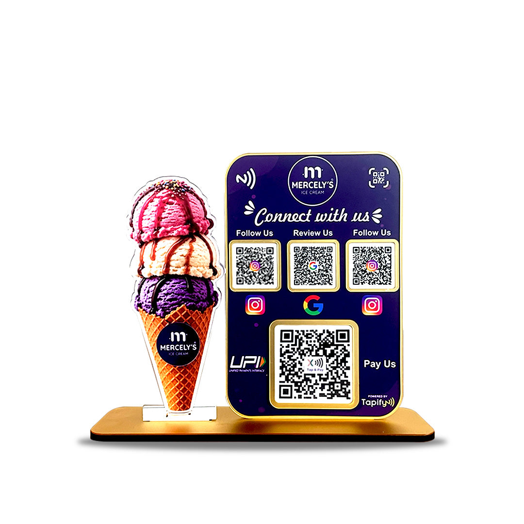 Ice-Cream Cutout Shaped Smart NFC 4-in-1 Table Top Standee With ( Big UPI )