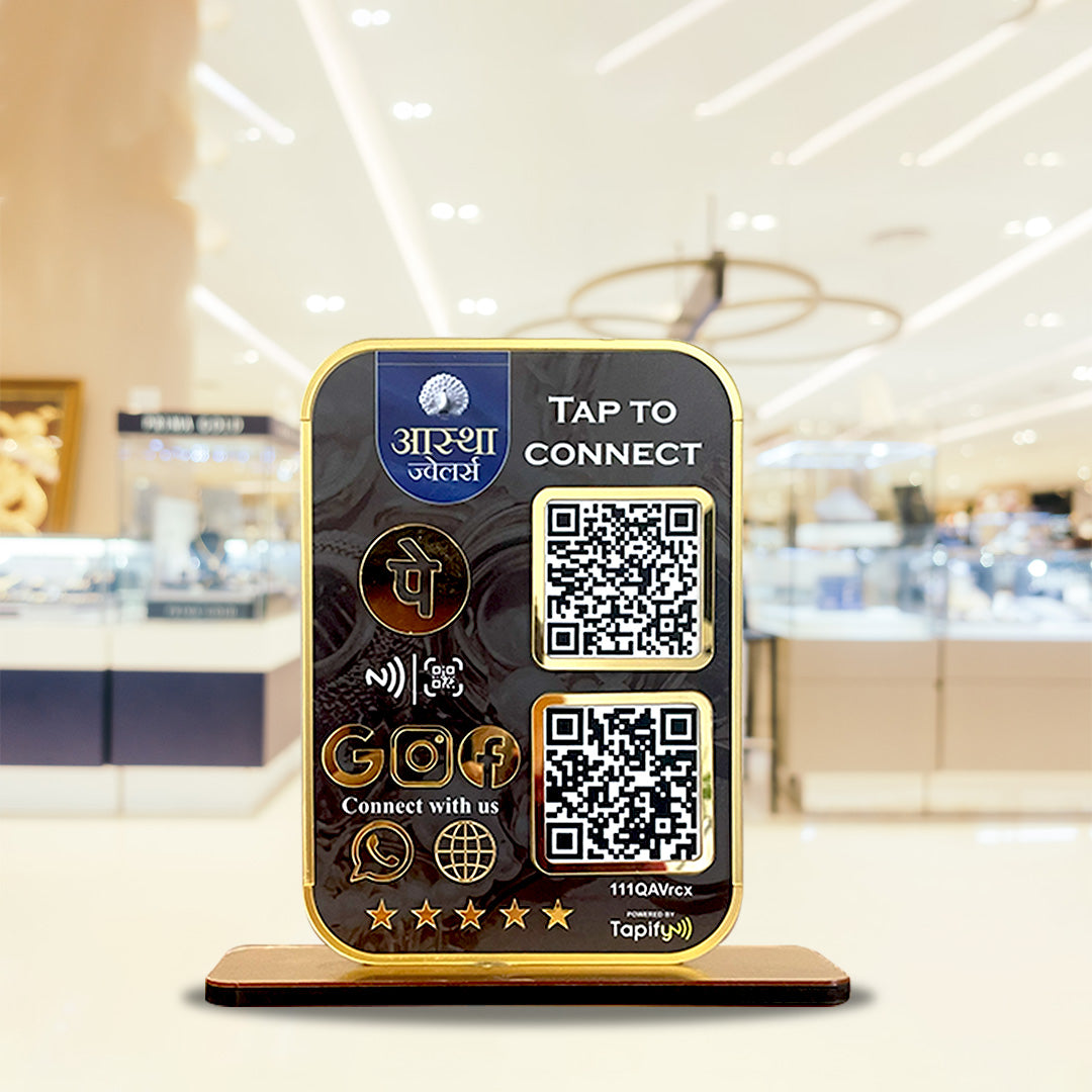 Premium Smart NFC All-In-One + UPI Table Top Standee | Portrait Style | Jewelry Background Edition