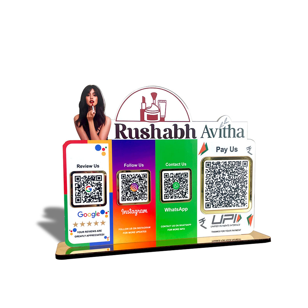 Custom Logo Cutout Smart NFC 4 QR Table Top Standee | Social Media Theme Edition With (Big UPI)