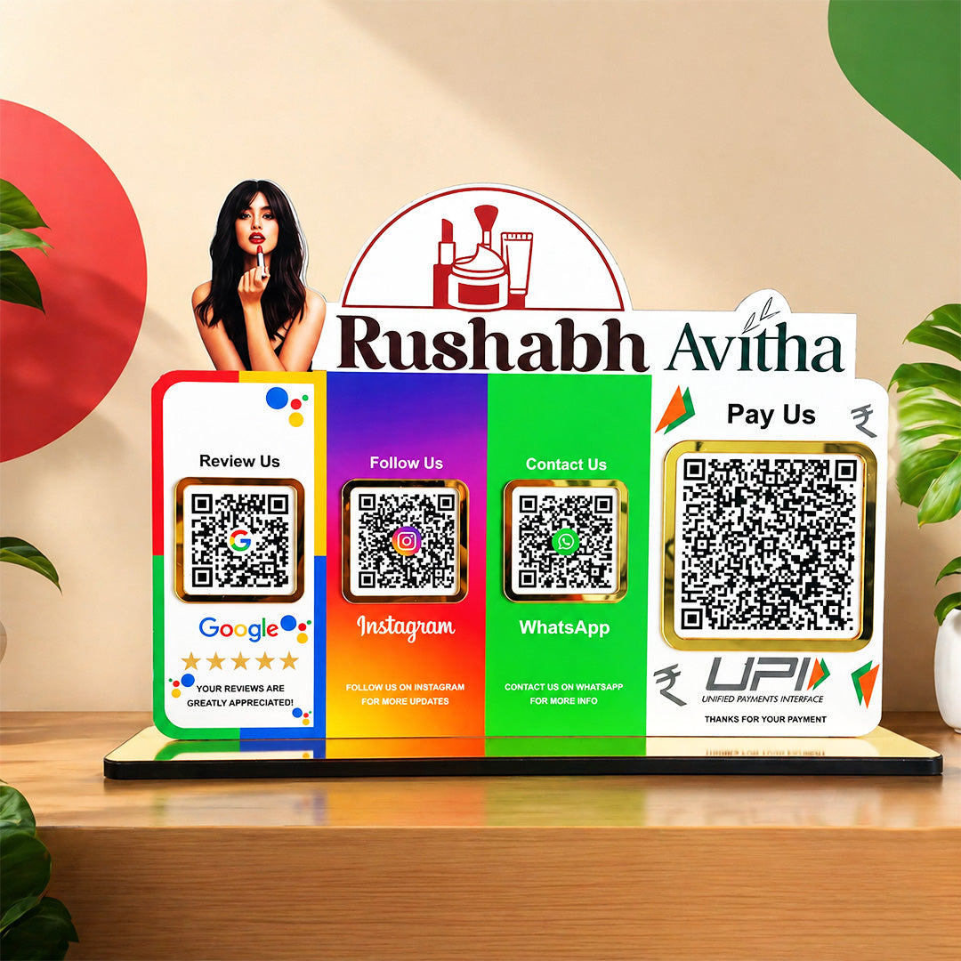 Custom Logo Cutout Smart NFC 4 QR Table Top Standee | Social Media Theme Edition With (Big UPI)