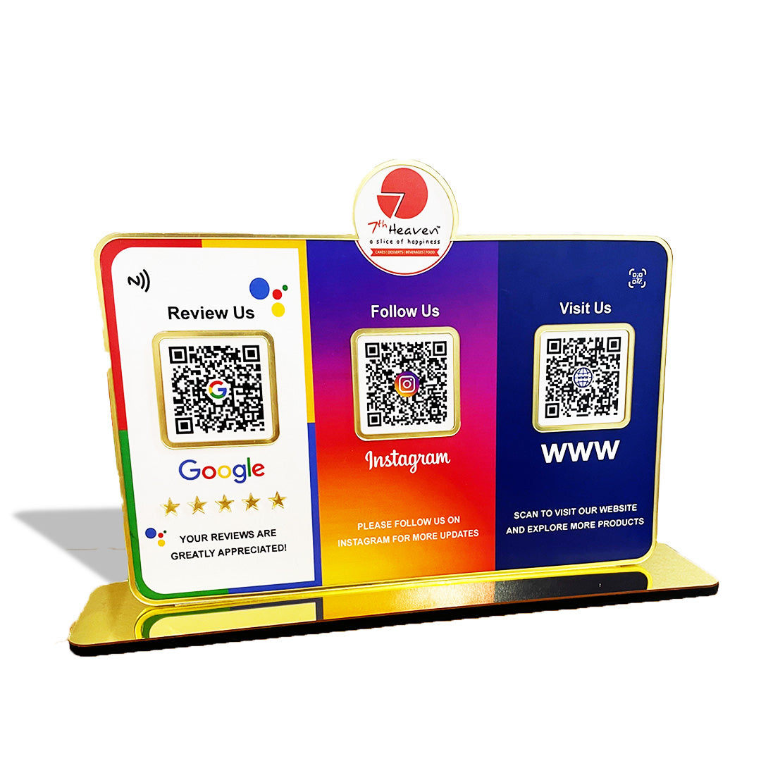Logo Cutout Premium Smart NFC 3QR Table Top Standee | Social Media Theme Edition - III