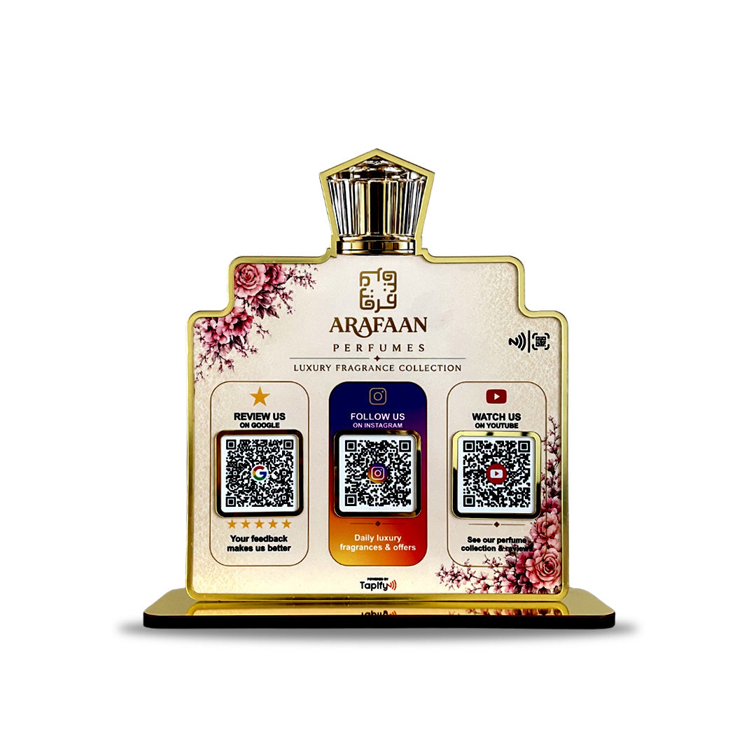 Premium Perfume Bottle Shaped NFC 3 QR Tabletop Standee