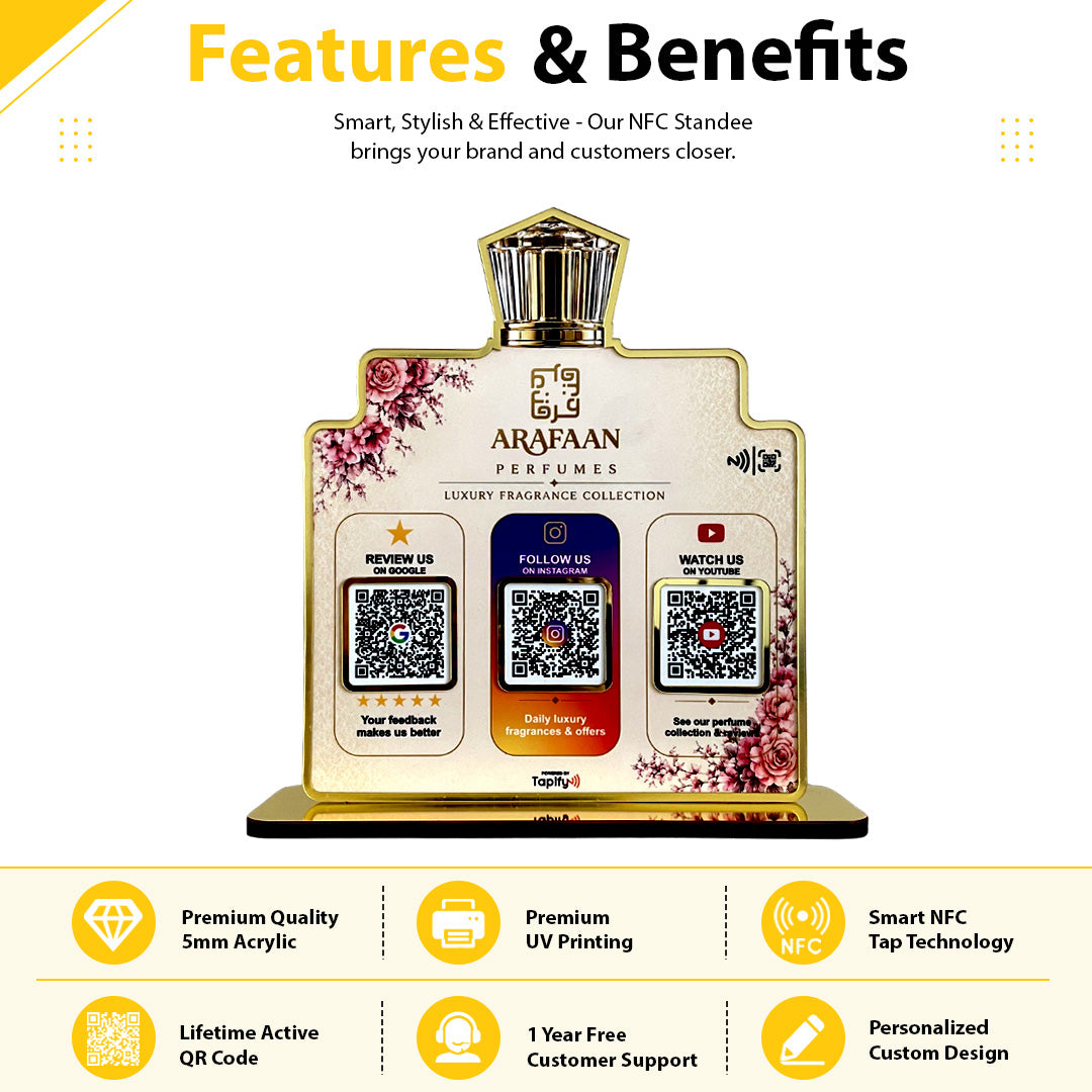 Premium Perfume Bottle Shaped NFC 3 QR Tabletop Standee