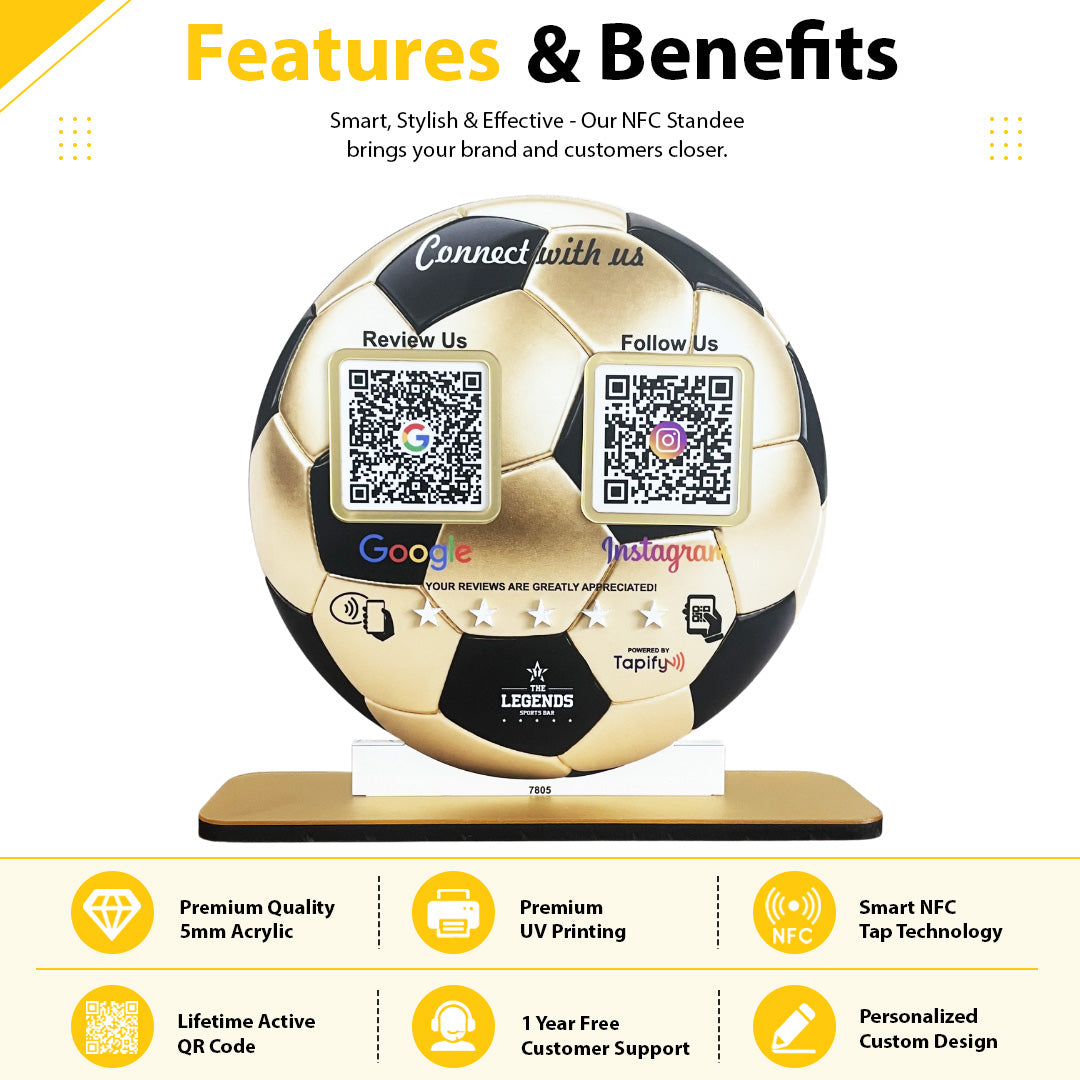 Football Shaped Smart NFC 2 QR Standee - For Sports Club & Academy - Golden Colour