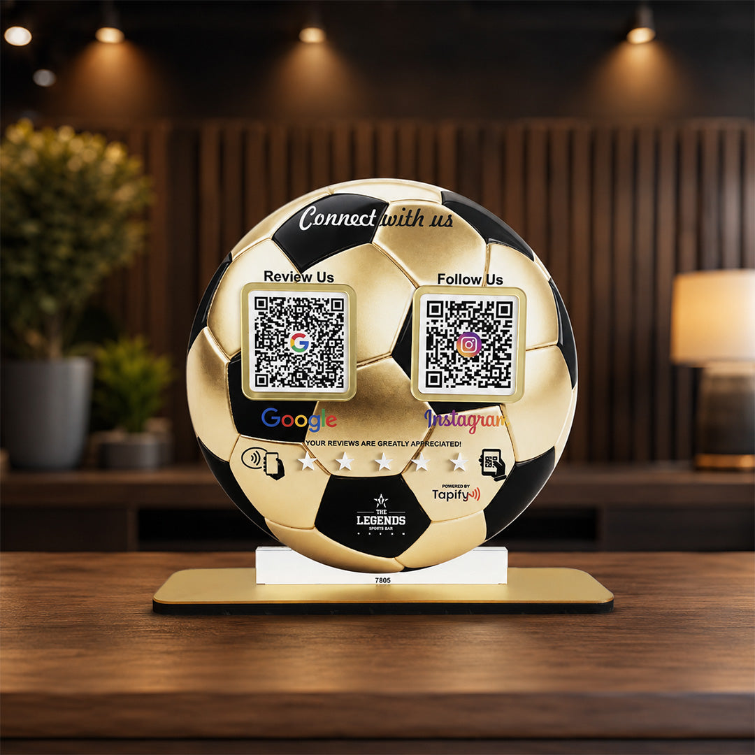 Football Shaped Smart NFC 2 QR Standee - For Sports Club & Academy - Golden Colour