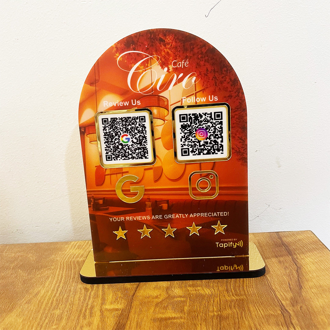 Arc Shaped Smart NFC 2 QR Tabletop Standee - Cafe Theme