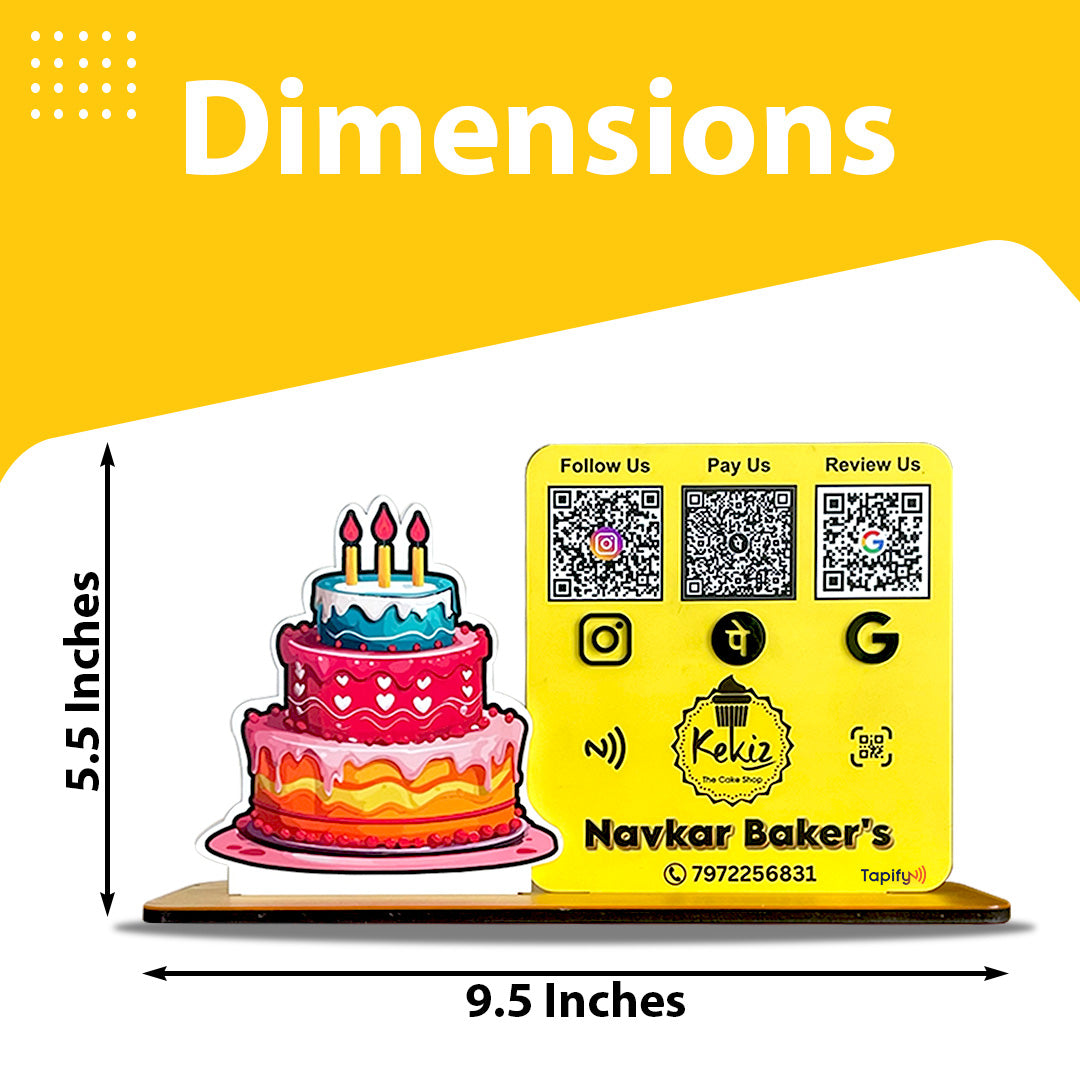 Cake Cutout Shaped Smart NFC 3-in-1 Table Top Standee - Only Print Edition ( Yellow Colour )