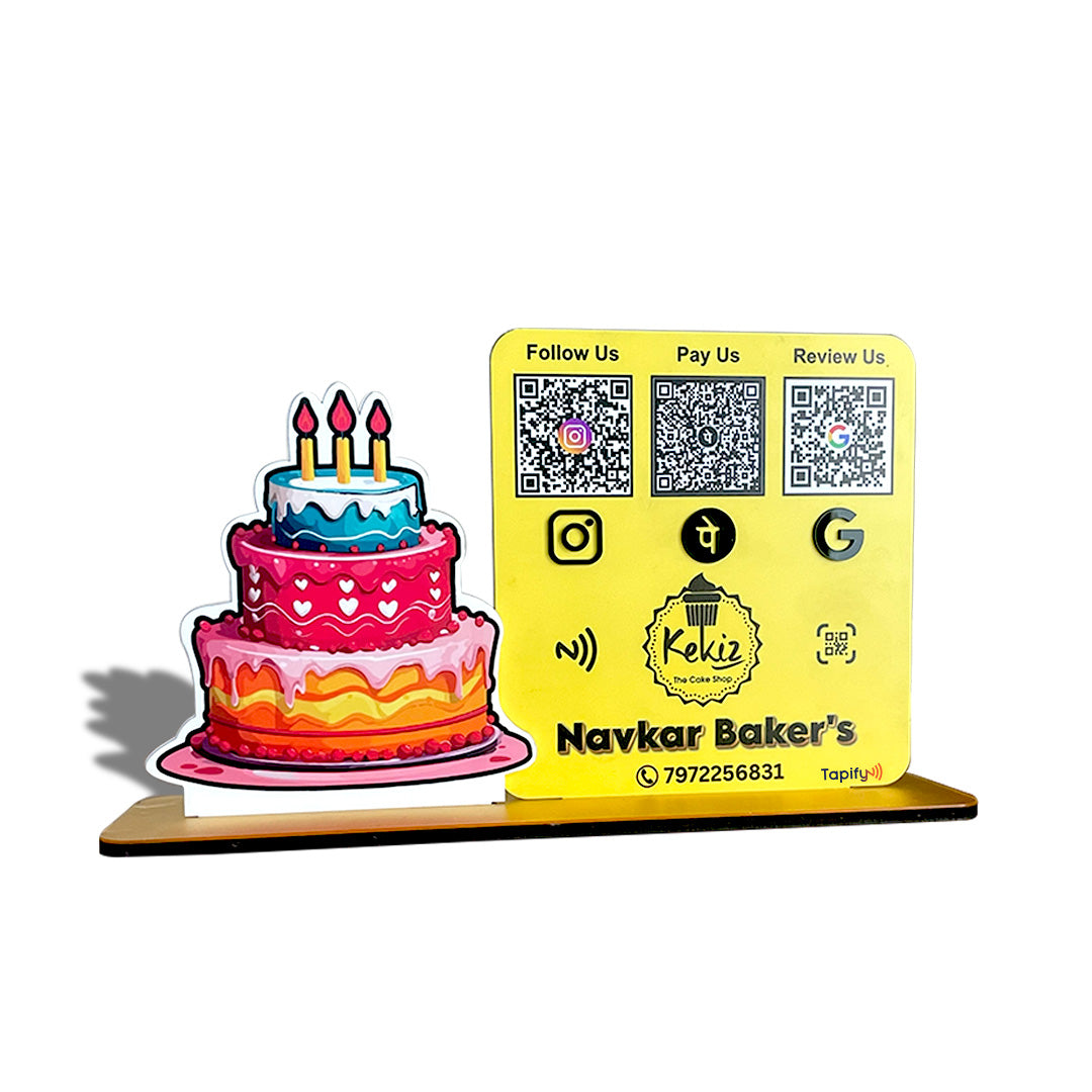 Cake Cutout Shaped Smart NFC 3-in-1 Table Top Standee - Only Print Edition ( Yellow Colour )