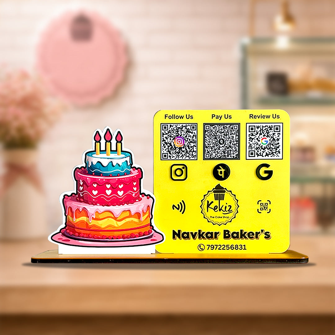 Cake Cutout Shaped Smart NFC 3-in-1 Table Top Standee - Only Print Edition ( Yellow Colour )