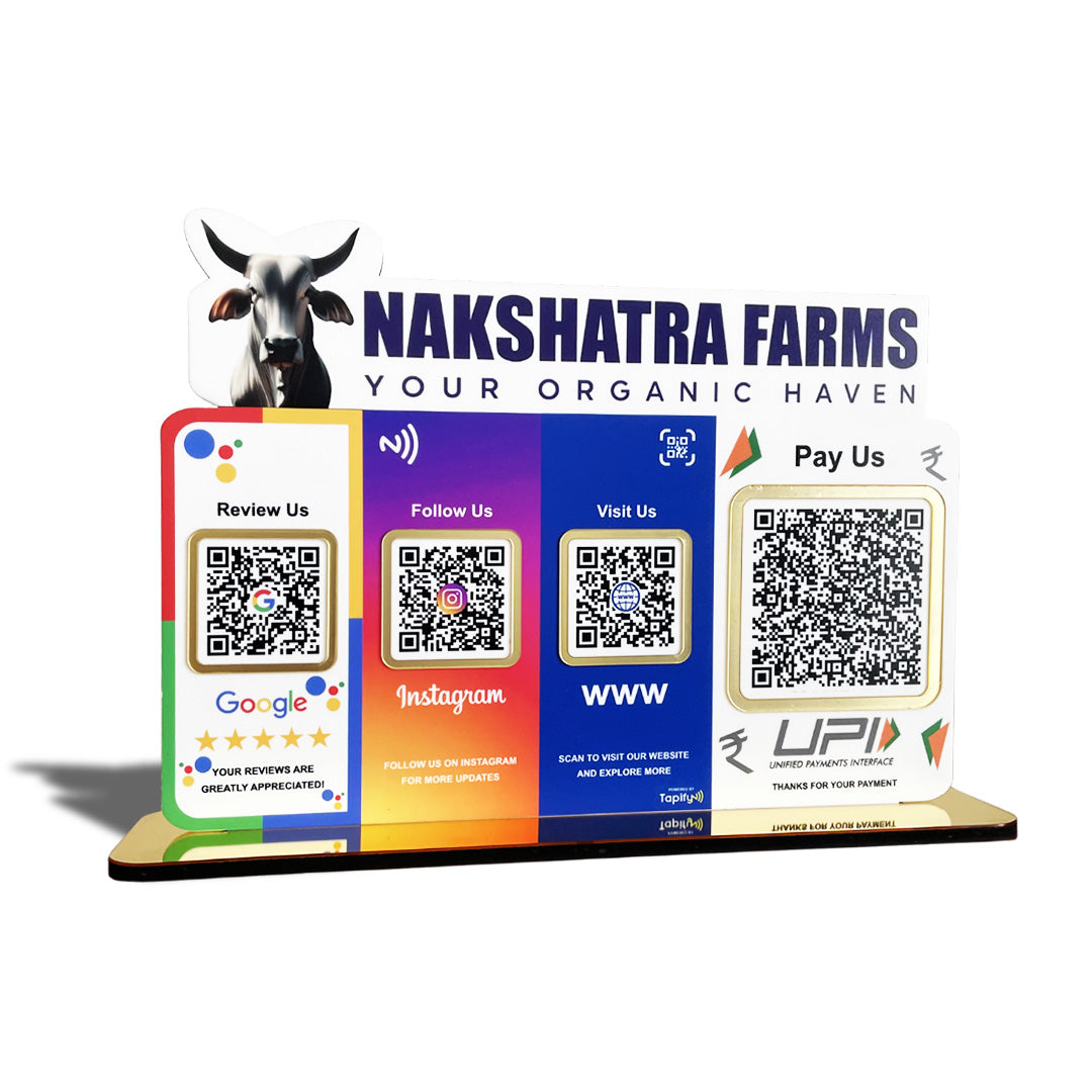 Cow Logo Cutout Smart NFC 4 QR Table Top Standee | Social Media Theme Edition With (Big UPI)