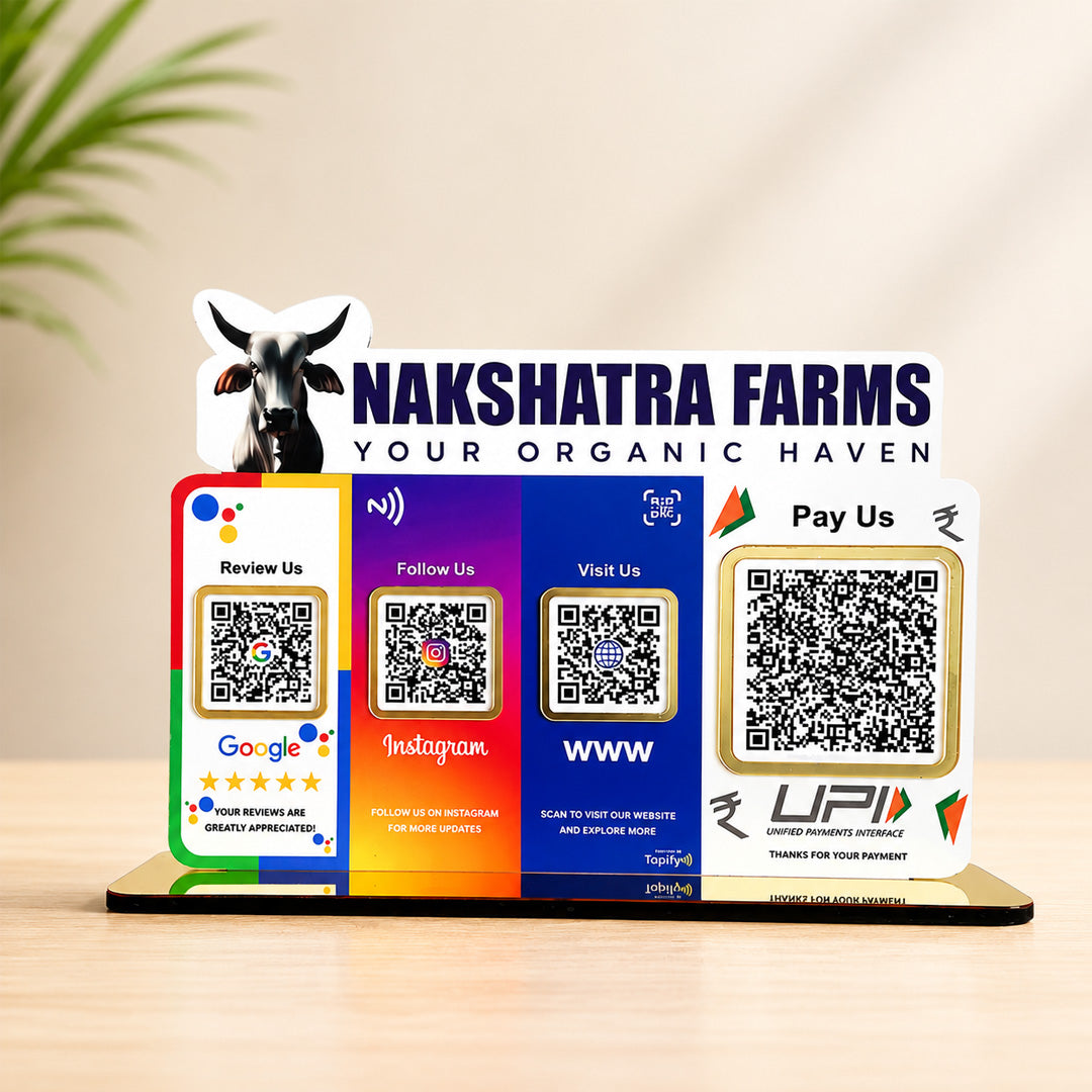 Cow Logo Cutout Smart NFC 4 QR Table Top Standee | Social Media Theme Edition With (Big UPI)