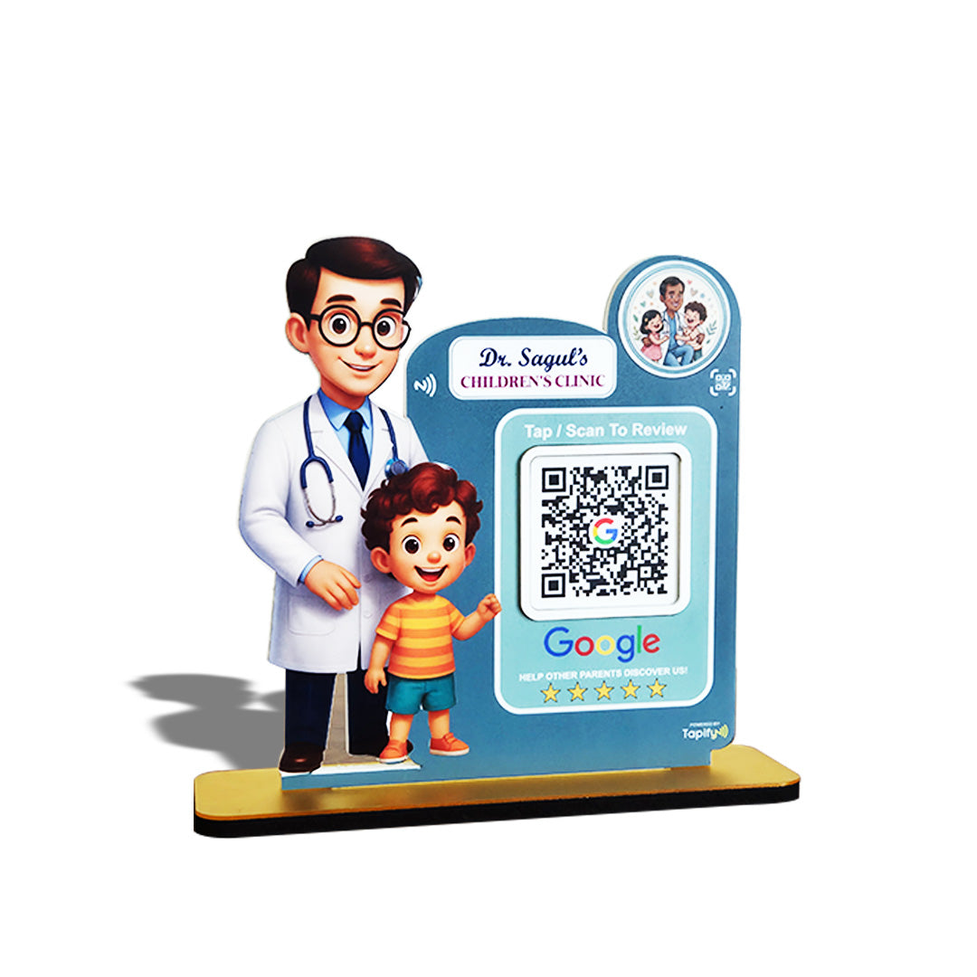 Doctor & Kid Cutout Shape - Smart NFC 1QR Standee Google Theme - Blue Colour