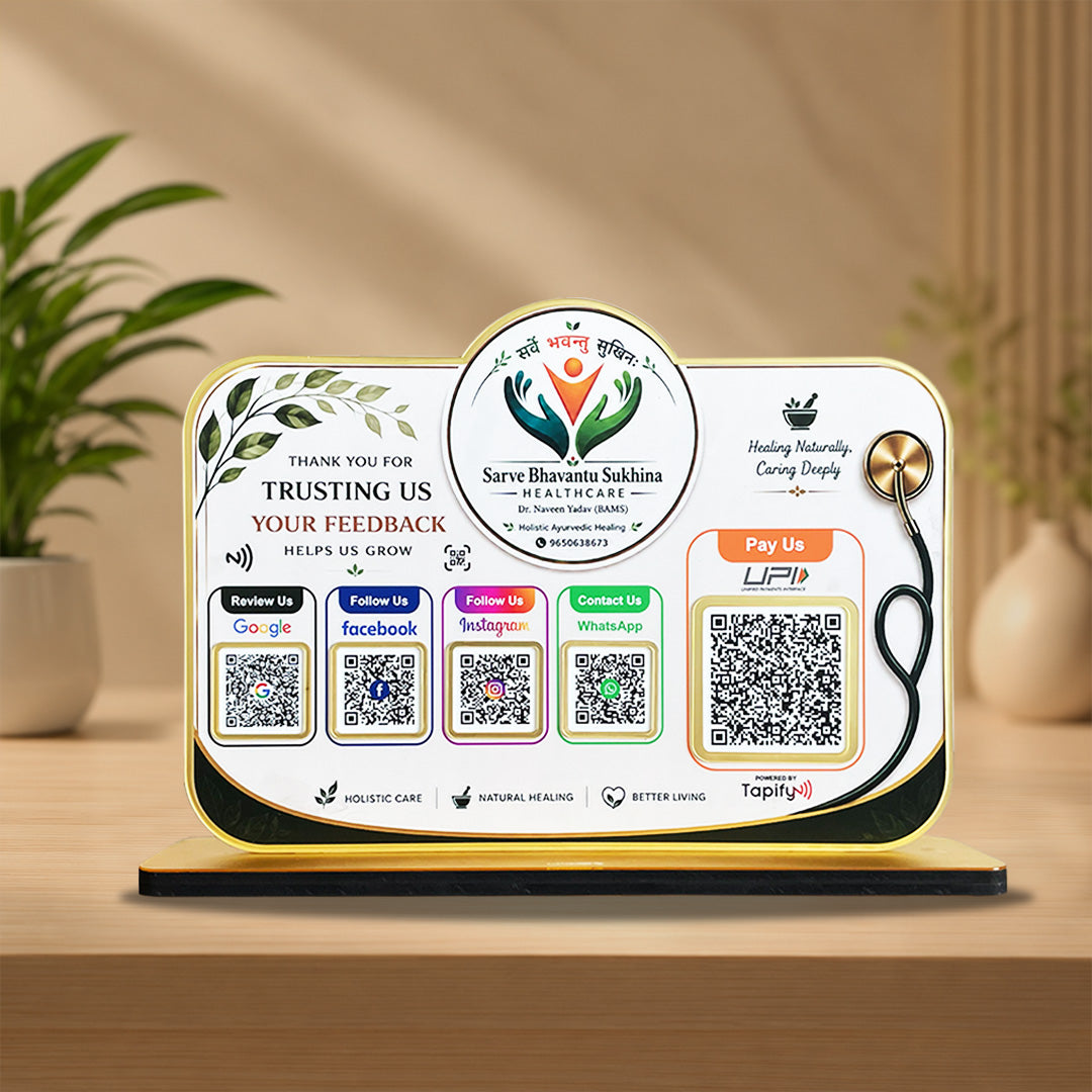 Logo Cutout Smart NFC 5 QR Table Top Standee | Social Media Theme Edition With (Big UPI) For - Healthcare