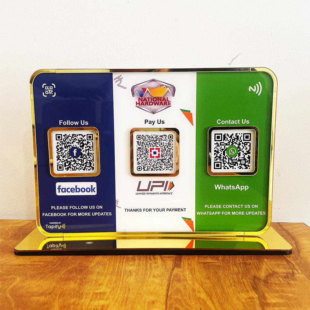 Premium Smart NFC 3QR Table Top Standee | Social Media Theme Edition- Facebook, UPI Payment, Whatsapp
