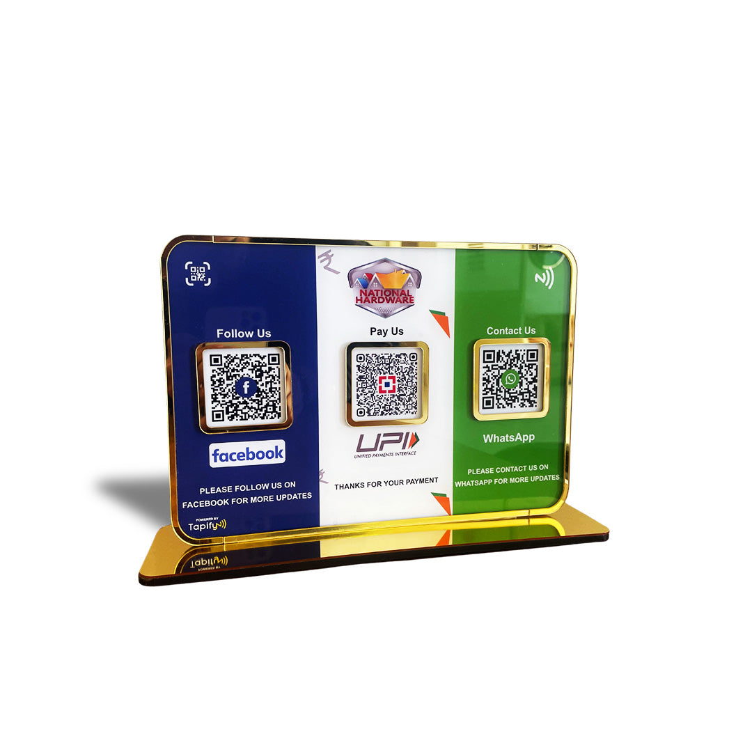 Premium Smart NFC 3QR Table Top Standee | Social Media Theme Edition- Facebook, UPI Payment, Whatsapp