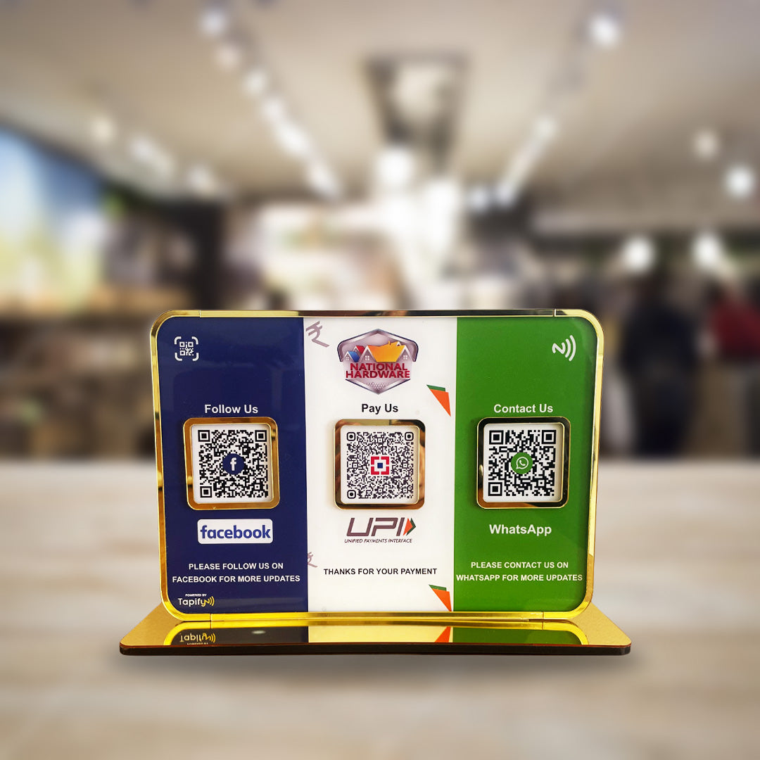 Premium Smart NFC 3QR Table Top Standee | Social Media Theme Edition- Facebook, UPI Payment, Whatsapp