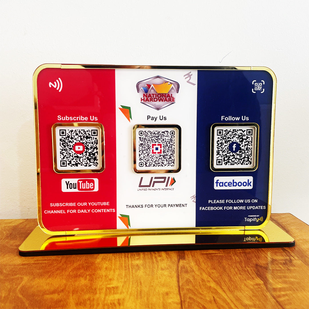 Premium Smart NFC 3QR Table Top Standee | Social Media Theme Edition-Youtube, UPI Payment, Facebook