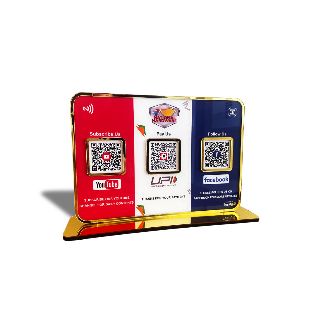 Premium Smart NFC 3QR Table Top Standee | Social Media Theme Edition-Youtube, UPI Payment, Facebook