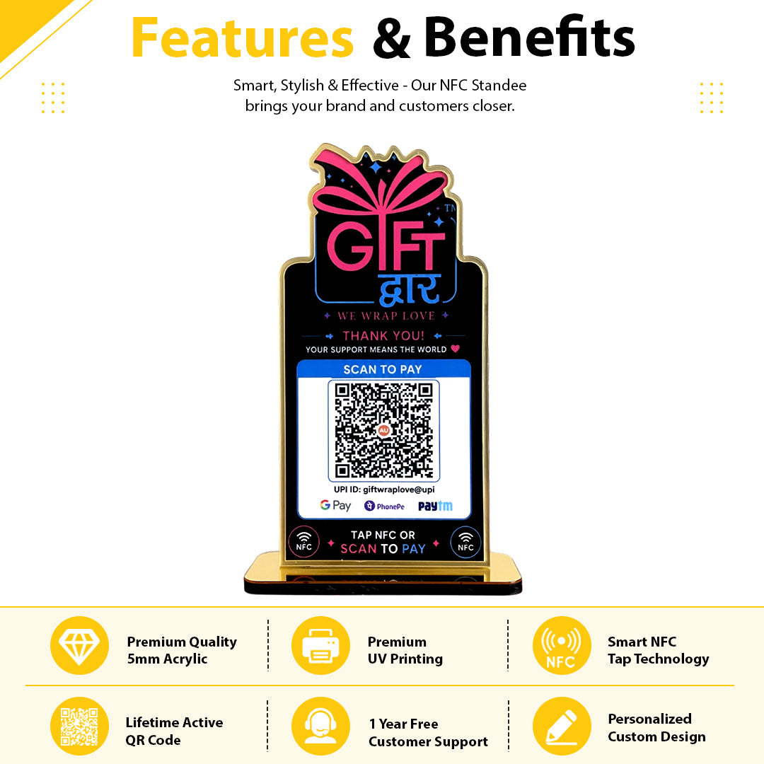 Gift Shaped - Smart 1QR Table Top Standee - Black Theme ( UPI Without NFC )