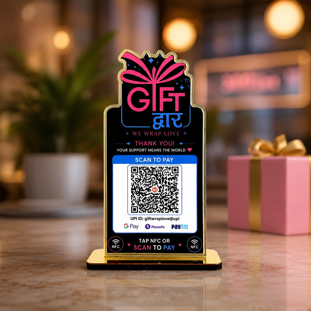 Gift Shaped - Smart 1QR Table Top Standee - Black Theme ( UPI Without NFC )