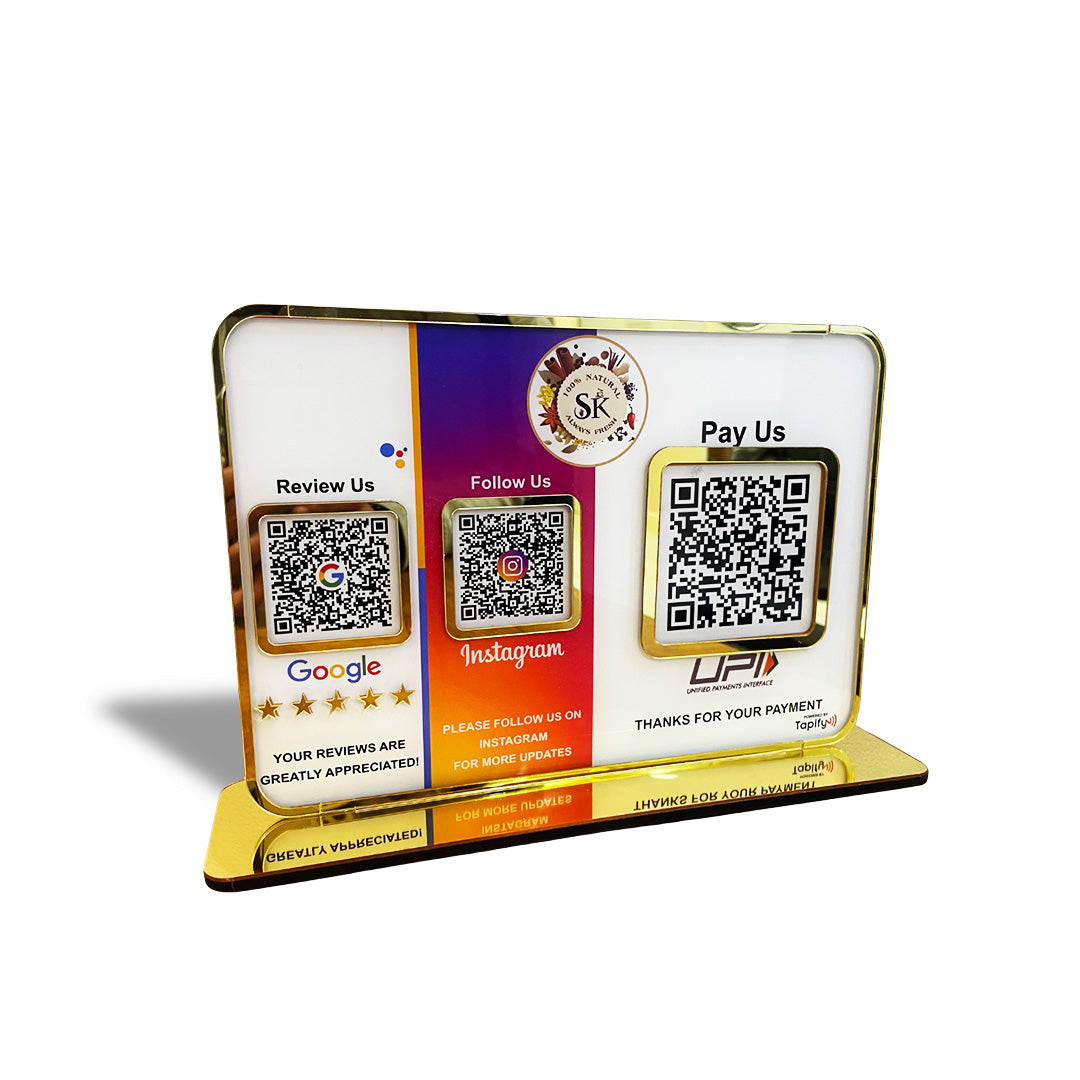 Premium Smart NFC 3QR Table Top Standee | Social Media Theme Edition With Big UPI