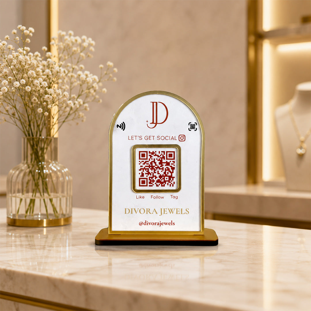 Round Top Rectangle Shaped - Smart NFC 1 QR Tabletop Standee - White Colour