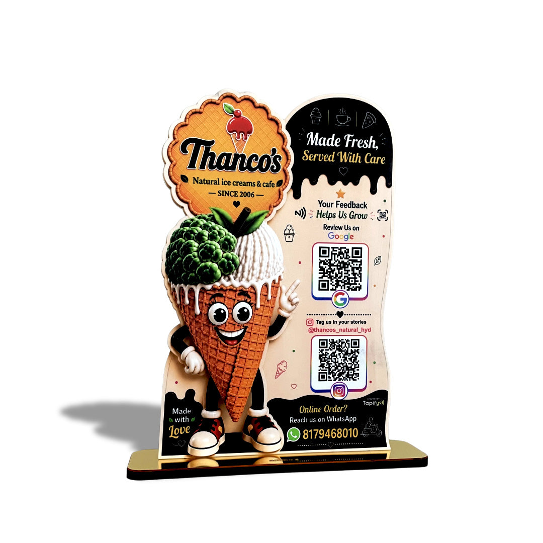 Ice Cream Shaped Smart NFC 2 QR Standee - For Ice Cream Shops