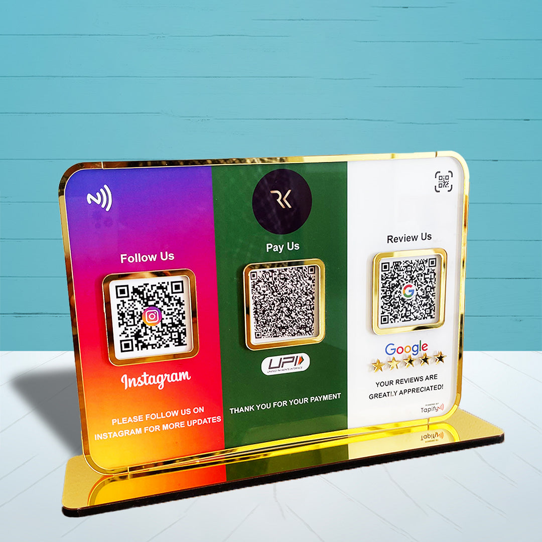 Premium Smart NFC 3QR Table Top Standee | Social Media Theme Edition- Instagram, UPI, Google
