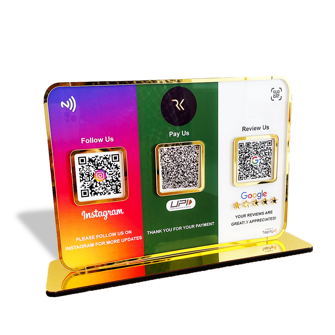 Premium Smart NFC 3QR Table Top Standee | Social Media Theme Edition- Instagram, UPI, Google