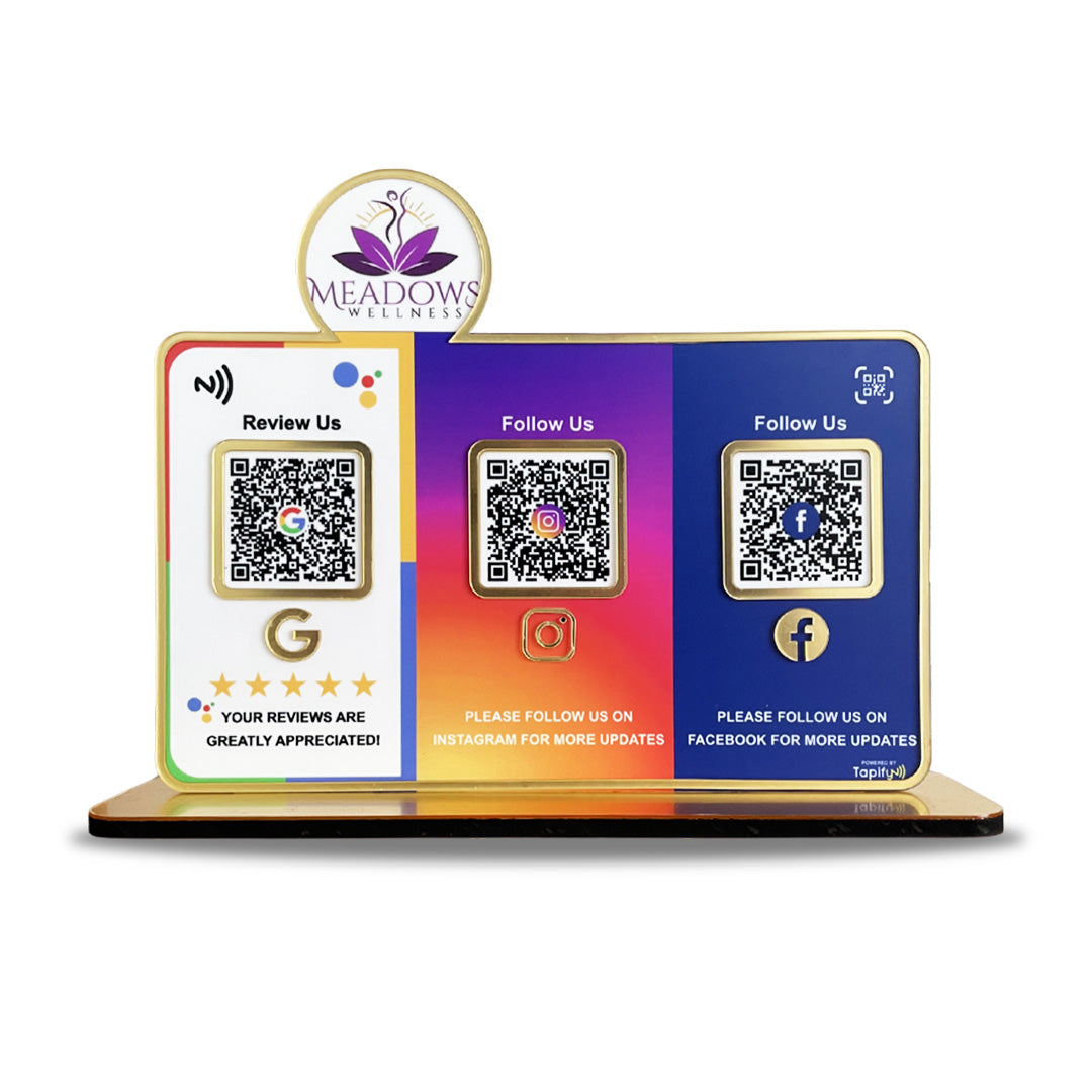 Logo Cutout Premium Smart NFC 3QR Table Top Standee | Social Media Theme Edition  For - Wellness Center