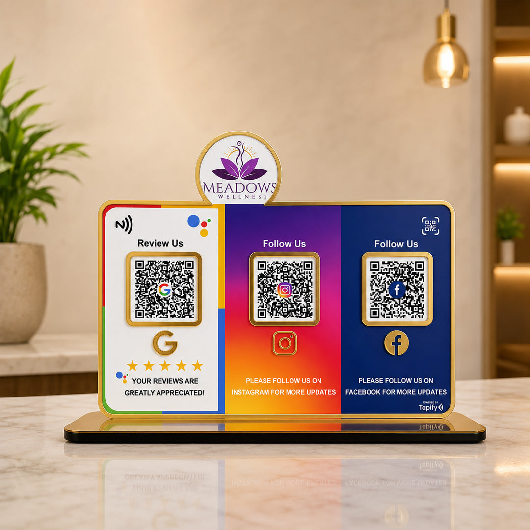 Logo Cutout Premium Smart NFC 3QR Table Top Standee | Social Media Theme Edition  For - Wellness Center