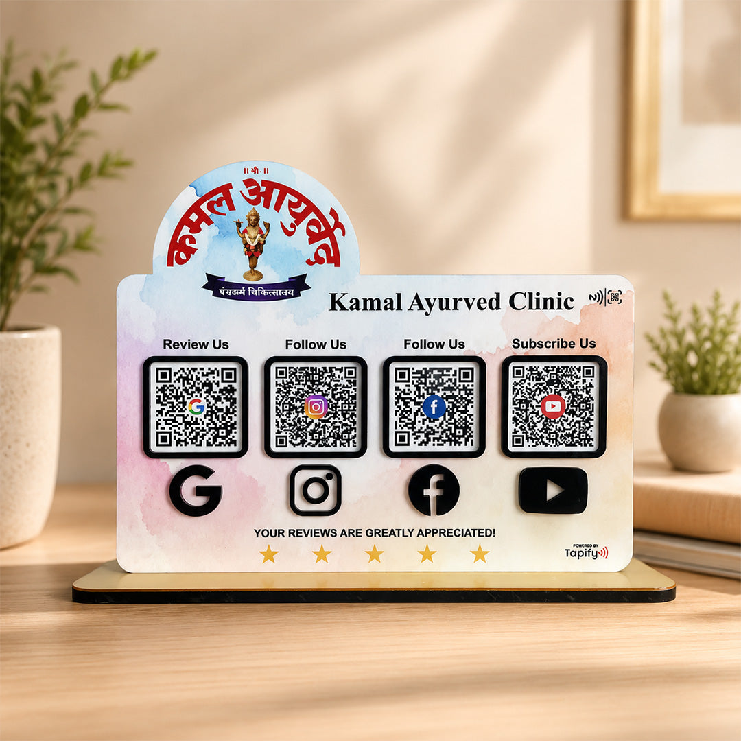 Ayurved Clinic Logo Cutout Shaped Smart NFC 4-in-1 Tabletop Standee