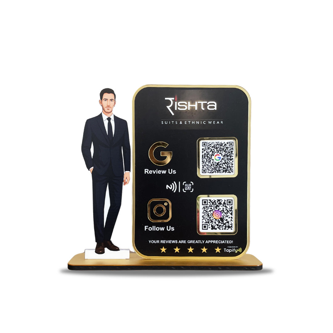 Men in suit Cutout Premium Smart NFC 2QR Standee - For Garment Shop - Big Size