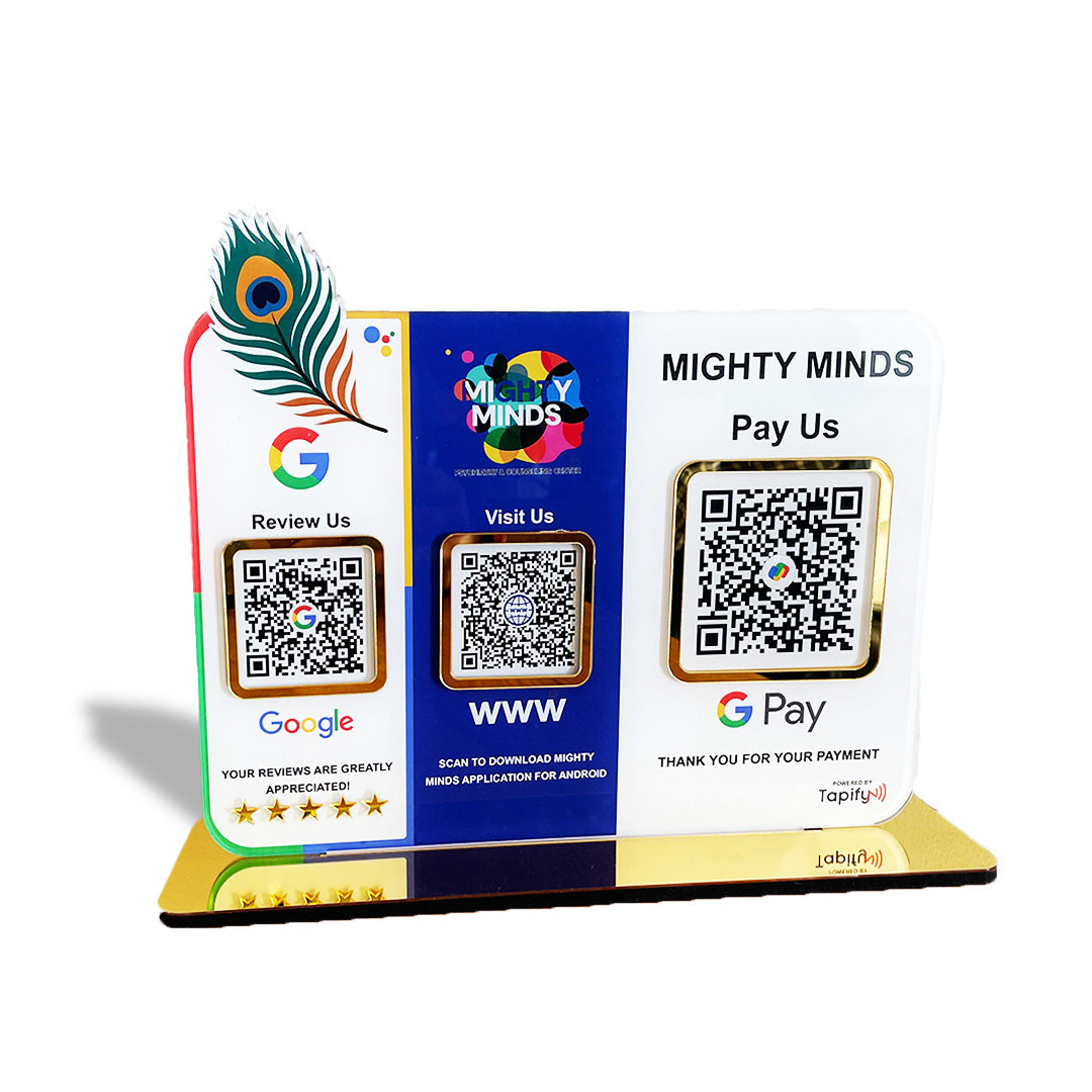 Mor Pankh Cutout Premium Smart NFC 3QR Table Top Standee |Google, Website, GPay