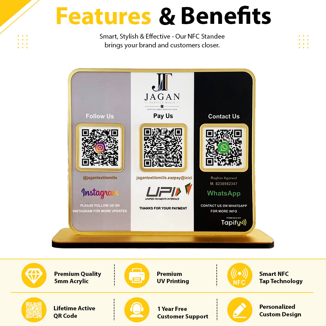 Premium Smart NFC 3QR Table Top Standee | Social Media Theme - Colour Edition