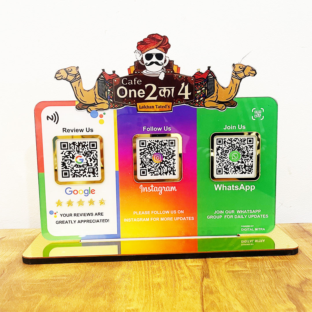 Logo Cutout Smart NFC 3QR Table Top Standee | Social Media Theme Edition
