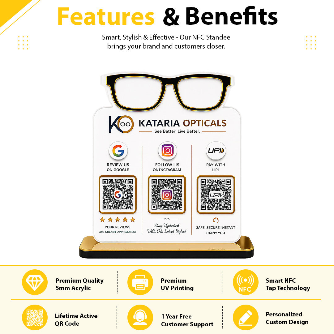 Spectacle Shaped Cutout Edition - Smart NFC 3 QR Table Top Standee - Optical Business