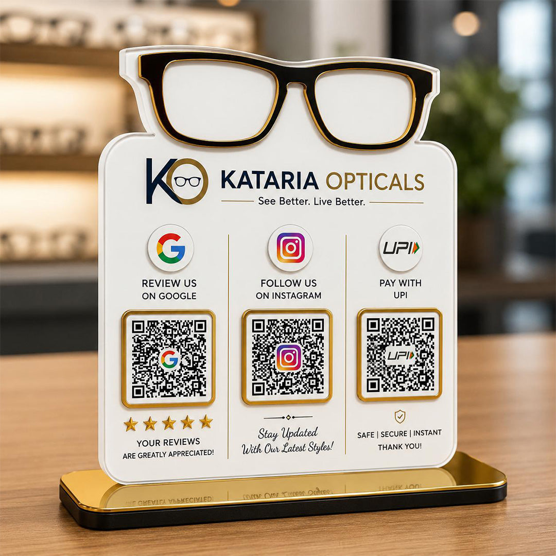 Spectacle Shaped Cutout Edition - Smart NFC 3 QR Table Top Standee - Optical Business