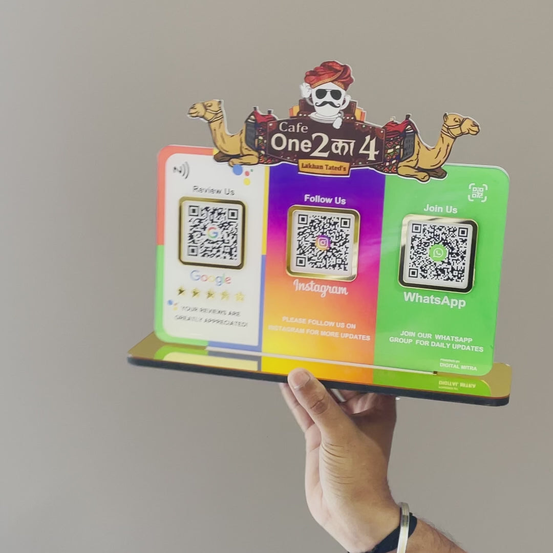 Logo Cutout Smart NFC 3QR Table Top Standee | Social Media Theme Edition