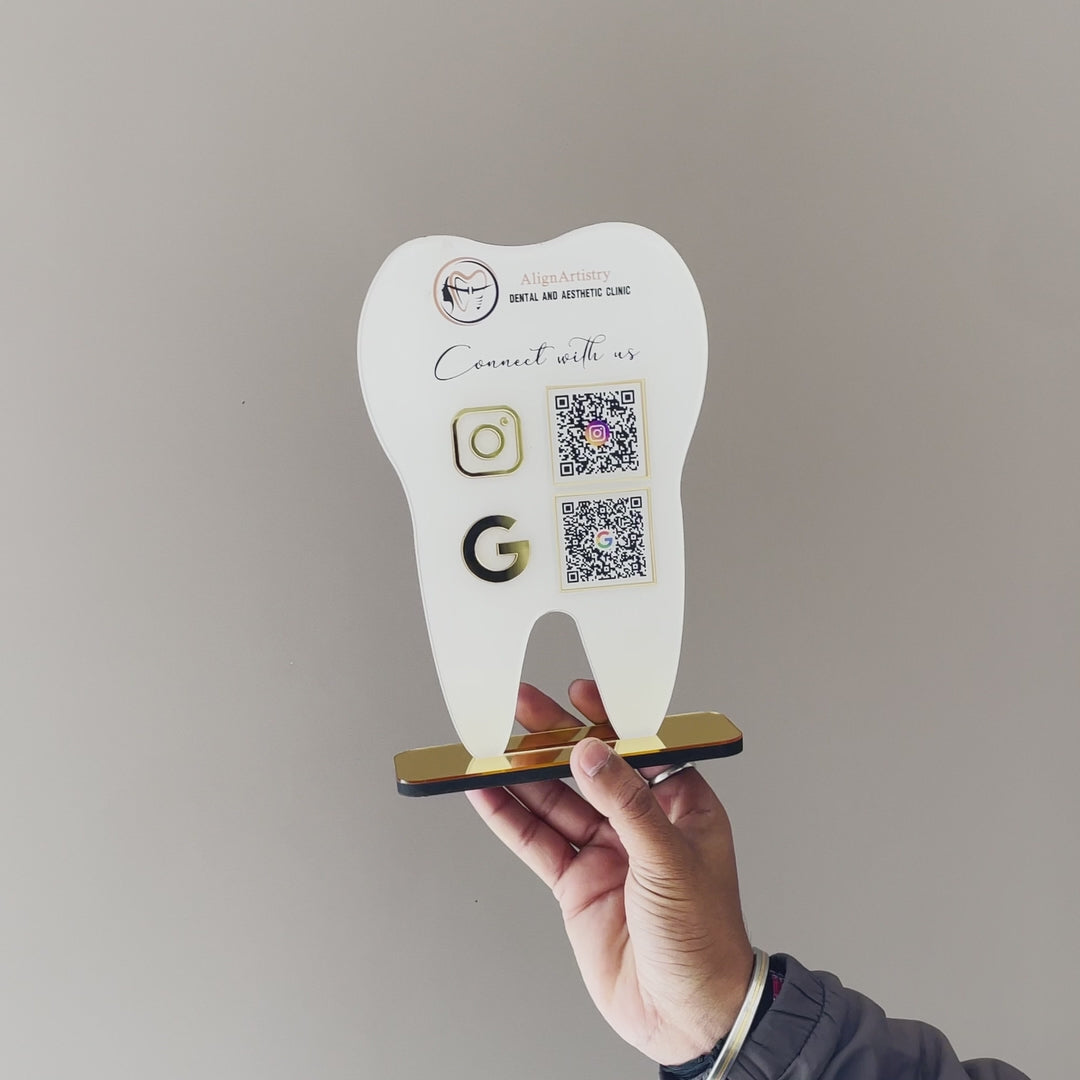 Tooth Shaped NFC 2 QR Smart NFC Table Top Standee | New Edition - For Dentists
