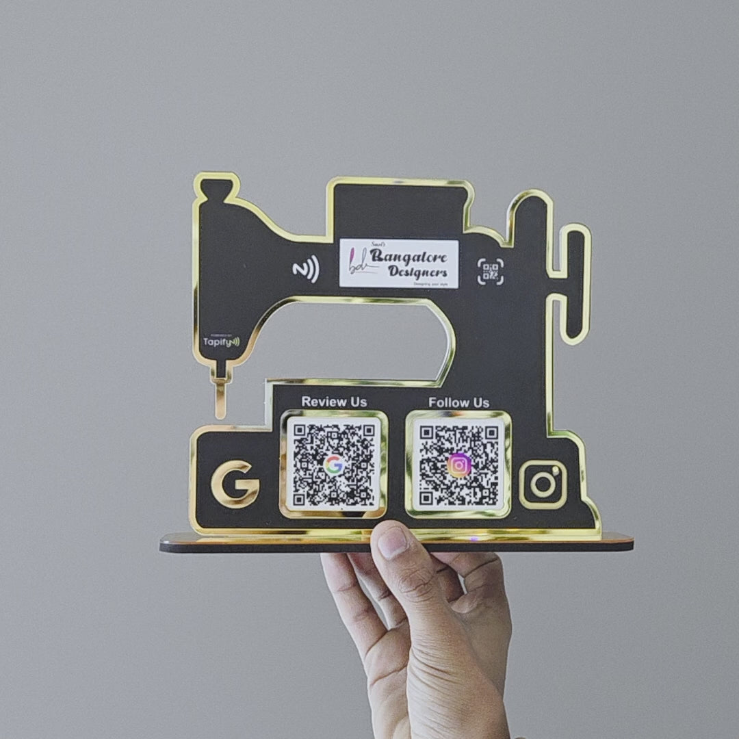 Sewing Machine Shaped - Smart NFC 2QR Table Top  Standee - White Colour