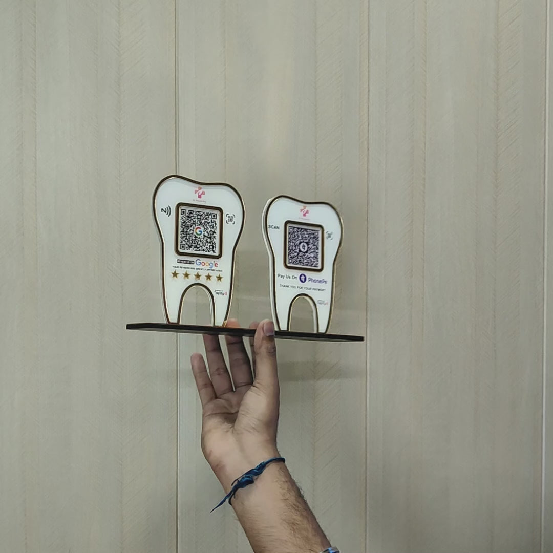 Tooth Shape - Smart NFC 2QR Table Top Standee - For Dental Clinic