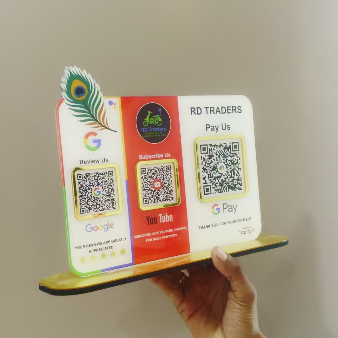 Mor Pankh Cutout Premium Smart NFC 3QR Table Top Standee | UPI , YT , Google