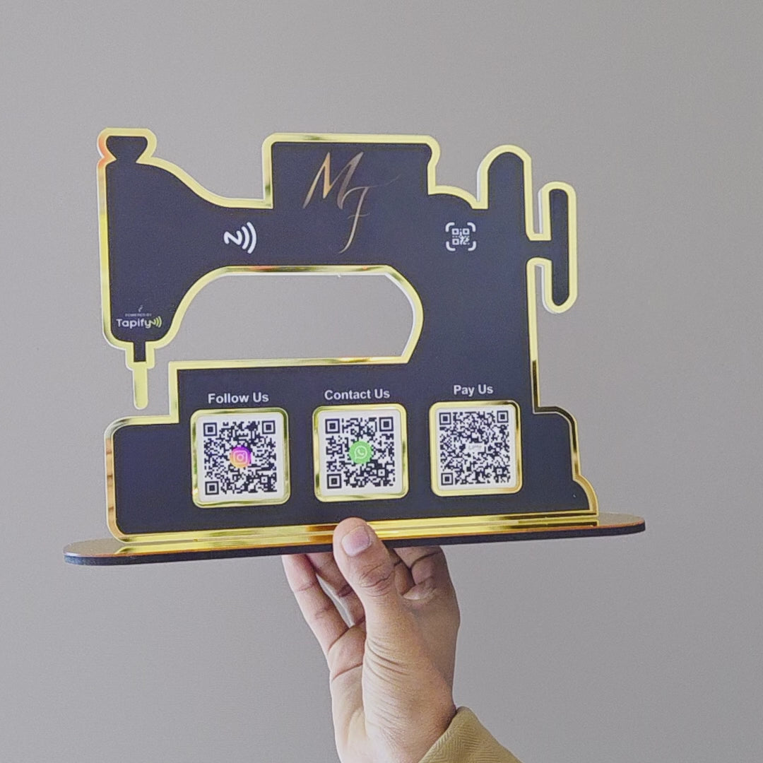 Sewing Machine Shaped - Smart NFC 3QR Table Top  Standee - Black Colour