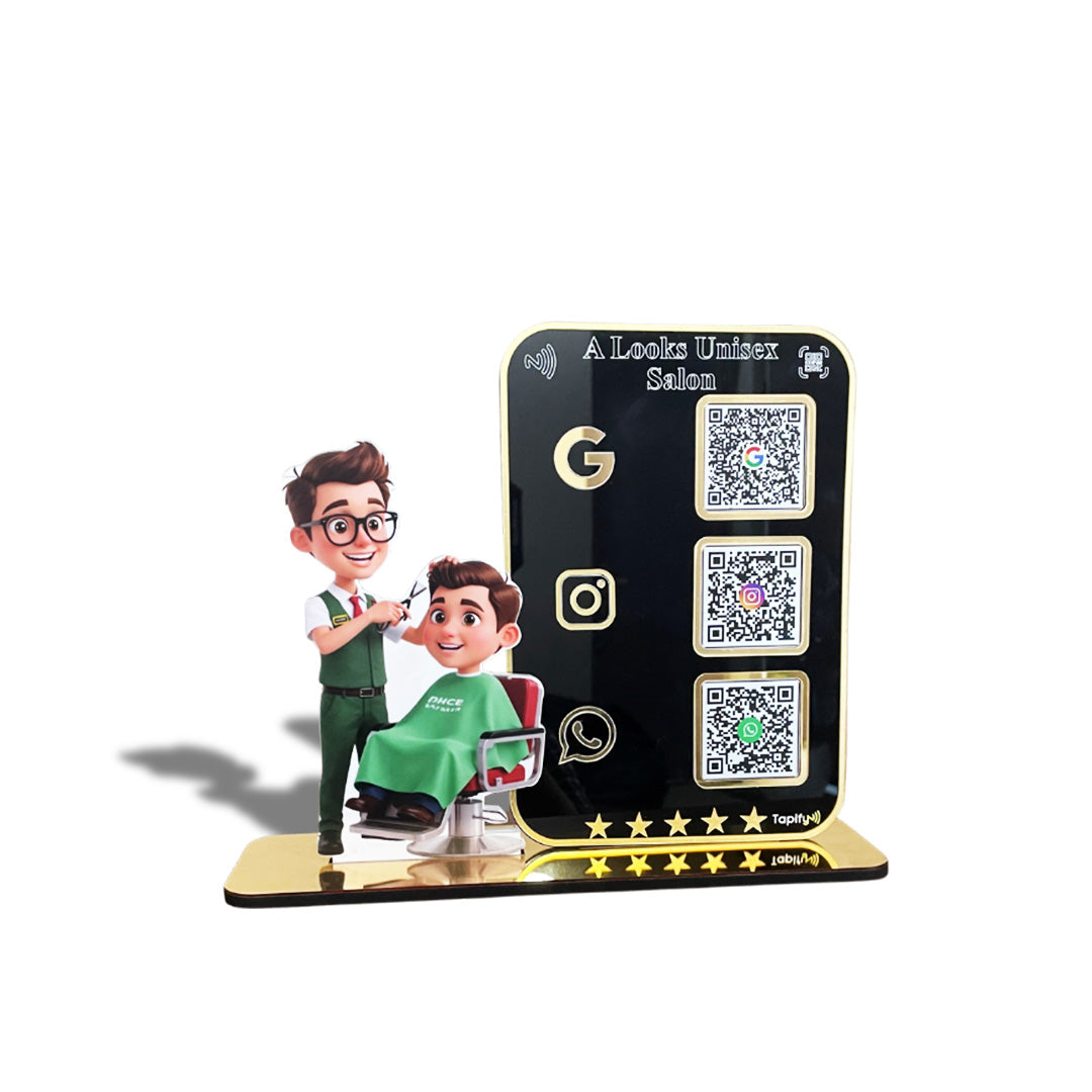 Premium Salons Cutout Smart NFC 3-in-1 Tabletop Standee - Portrait Style - For Unisex Salon - Google, Instagram, Whatsapp
