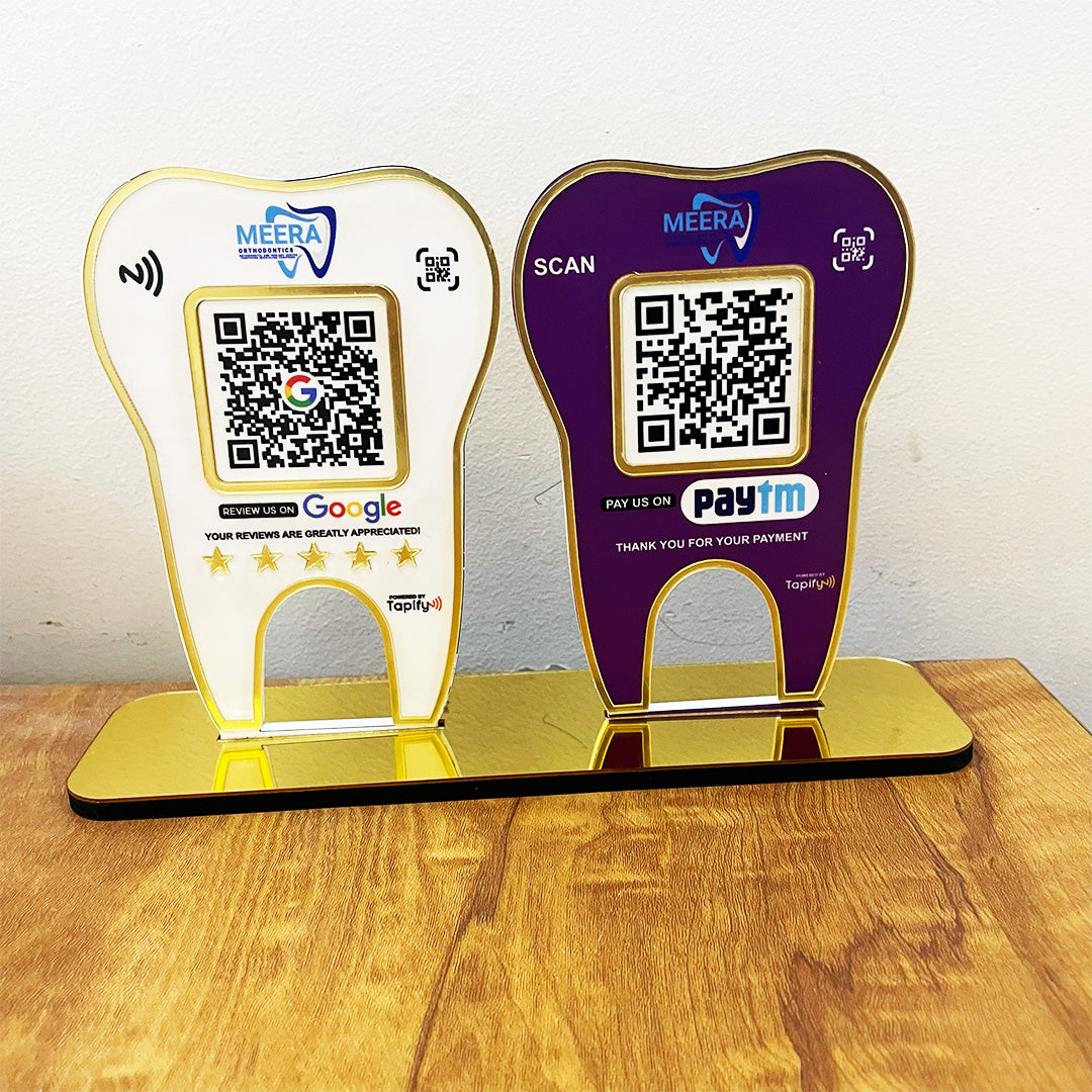 Tooth Shape - Smart NFC 2QR Table Top Standee - W&P Colour - Google, Paytm